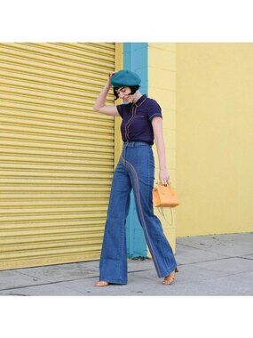 ModCloth Rainbow Wide Leg Jeans Boho Retro Mod Plus Size 20W Women's